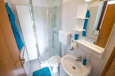 a bathroom with a shower and a toilet and a sink at D&J house in Ormoz