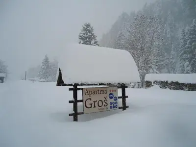 a sign covered in snow in a yard at Apartma Groš in Kranjska Gora
