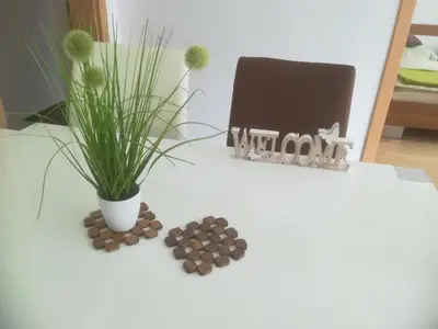a table with a house and a plant on it at Apartma Groš in Kranjska Gora