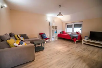 a living room with a couch and a television at Apartment Stil near Terme Paradiso in Dobova
