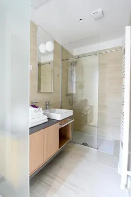 a bathroom with a sink and a glass shower at City Centre Chic Apartment Ljubljana 2/4 in Ljubljana