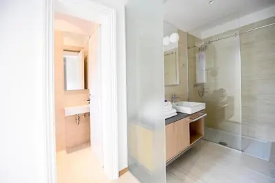 a bathroom with a glass shower and a sink at City Centre Chic Apartment Ljubljana 2/4 in Ljubljana