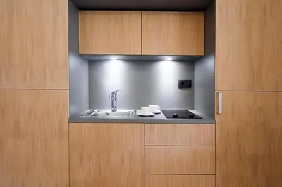 a bathroom with a sink and wooden cabinets at City Centre Chic Apartment Ljubljana 2/4 in Ljubljana