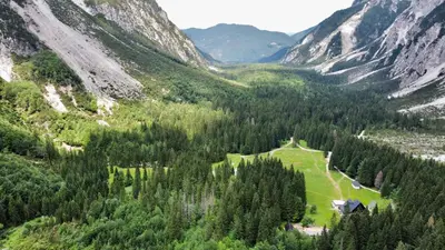 an aerial view of a valley with trees and mountains at APARTMA KATKA Vila Mojca in Kranjska Gora