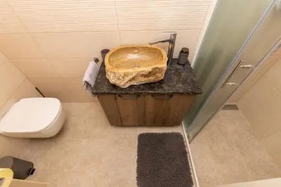 a bathroom with a wooden sink and a toilet at Old Boatman's House in Bled
