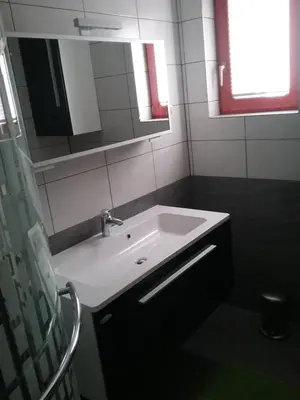 a bathroom with a white sink and a mirror at Hudinja 111 in Vitanje