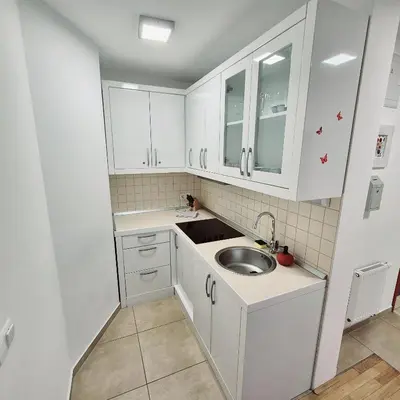 a small kitchen with white cabinets and a sink at Apartmaji PANONIA 