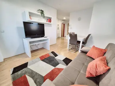 a living room with a couch and a flat screen tv at Apartmaji PANONIA 