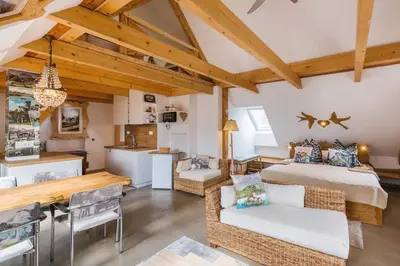 a bedroom with a bed and a kitchen in a room at Guesthouse Sabine - pr` Skminc in Bohinjska Bela
