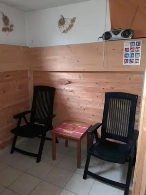 two chairs and a table in a room with spiders on the wall at Aparthouse Ani in Radovljica