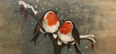 a painting of two birds on a tree branch at Klinar - Cosy apartment with a terrace in Bled