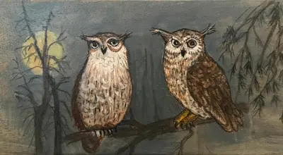 a painting of two owls sitting on a tree branch at Klinar - Cosy apartment with a terrace in Bled