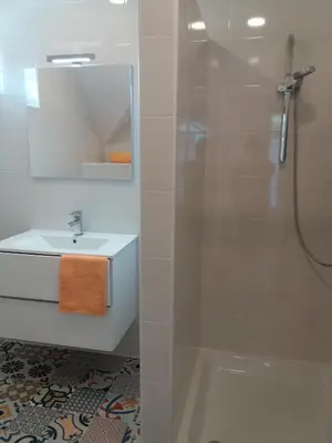 a bathroom with a sink and a shower at APARTMA BREMEC-STUDIO in Bohinj