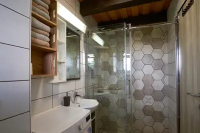 a bathroom with a sink and a shower at Holiday house Podhamer Boris in Presika