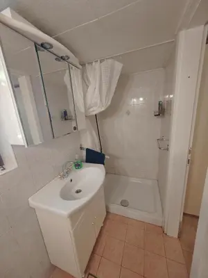 a white bathroom with a sink and a tub at KOČA PLANIKA, SVIŠČAKI in Ilirska Bistrica
