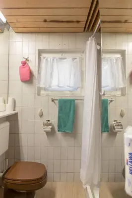 a bathroom with a toilet and a window and towels at Vila Krpan Kranjska Gora in Gozd Martuljek