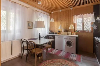 a kitchen with a table and a washing machine at Vila Krpan Kranjska Gora in Gozd Martuljek
