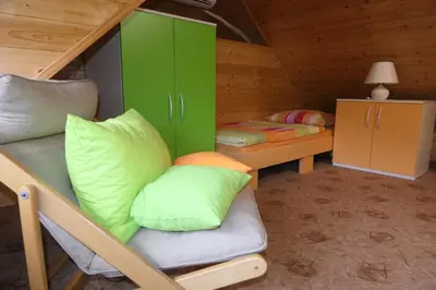 a room with a bunk bed and a couch in a cabin at Apartments and rooms Brunko in Bled