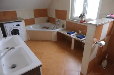 a bathroom with a tub and a sink and a washing machine at Apartments and rooms Brunko in Bled