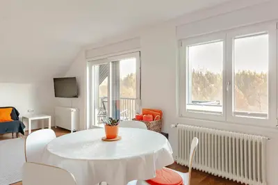 a white living room with a white table and chairs at Island View Apartment in Bled