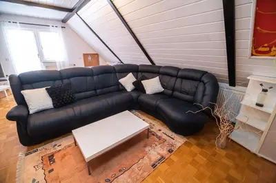 a black leather couch in a living room at Apartment Tina with Seasonal Pool in Podsreda