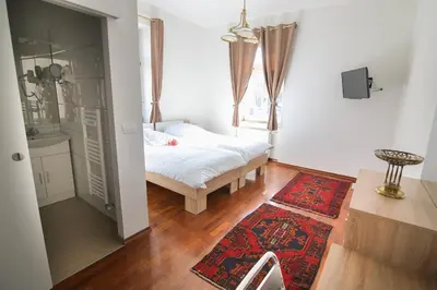 a bedroom with a bed and a window and a rug at Hotel Vila Katrca in Ljubljana