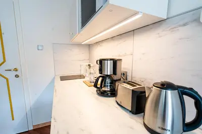 a kitchen counter with a coffee maker and a coffeemaker at Rooms Močilnik in Begunje na Gorenjskem