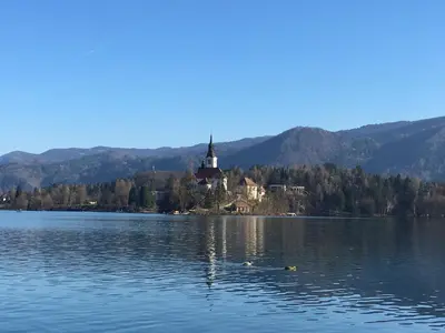 a church on an island in the middle of a lake at Vila Černe in Bled