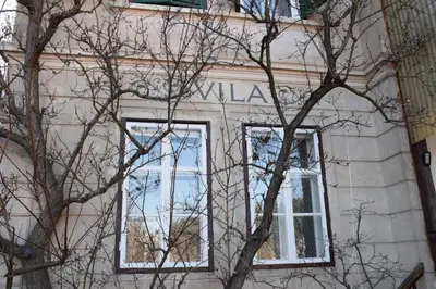 a building with two windows and a tree at Vila Černe in Bled