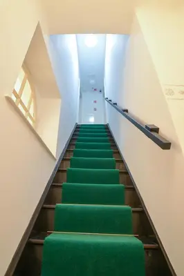 a staircase with green carpeted stairs in a building at Vila Selena in Ljubljana