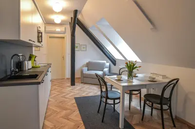 a kitchen and dining room with a table and chairs at Vila Selena in Ljubljana