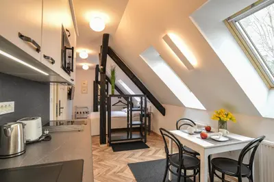 a kitchen and dining room with a table and chairs at Vila Selena in Ljubljana