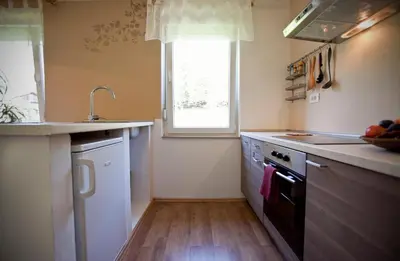 a kitchen with a sink and a stove top oven at Apartments Soča in Kobarid