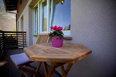 a table with a vase with pink flowers on it at Apartments Soča in Kobarid