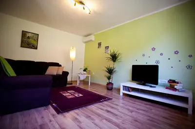 a living room with a couch and a flat screen tv at Apartments Soča in Kobarid