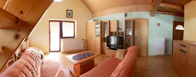 a living room with a couch and a tv at Vineyard Cottage Urban in Mirna