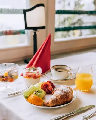 a table with a plate of food on a table at Hotel Triglav in Bled