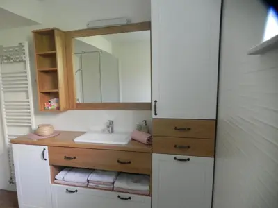a bathroom with a sink and a mirror at Apartments Vesna in Bled
