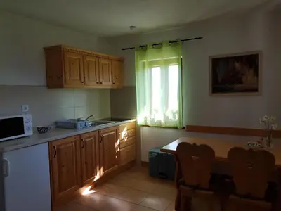 a kitchen with a table and a microwave and a window at Vaznik Farm House Apartments in Bled