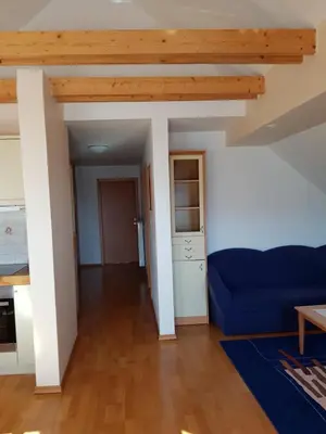 a living room with a blue couch and wooden ceilings at Vaznik Farm House Apartments in Bled