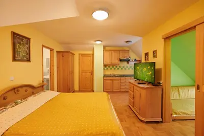 a bedroom with a bed and a flat screen tv at Eco Tourist Farm Ravnjak in Slovenj Gradec