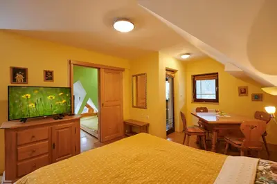 a bedroom with a bed and a television and a table at Eco Tourist Farm Ravnjak in Slovenj Gradec