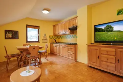 a kitchen and dining room with a table and a tv at Eco Tourist Farm Ravnjak in Slovenj Gradec