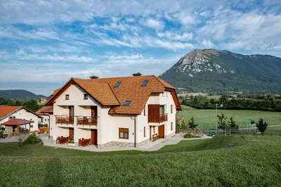 a house in a field with a mountain in the background at EkoTurizem Hudičevec in Postojna