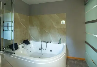 a bath tub in a bathroom with a shower at Apartments Silva in Ljutomer