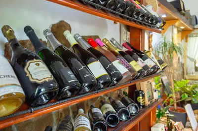 a bunch of bottles of wine on shelves at Apartments Silva in Ljutomer