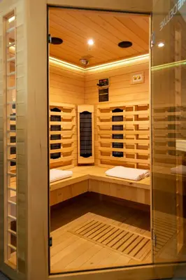 a sauna with wooden walls and a glass door at Apartments Silva in Ljutomer