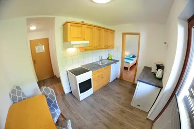 a kitchen with a sink and a stove top oven at Apartments Arh in Bohinj
