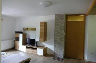 a living room with a door and a television at BOOA Rooms Irena in Bohinj