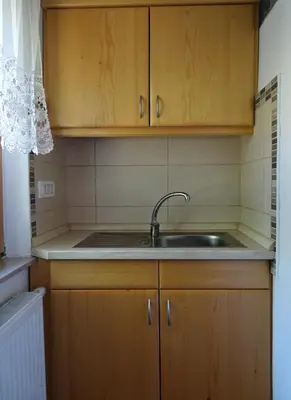 a kitchen with a sink and wooden cabinets at Apartments Zorč in Bohinj